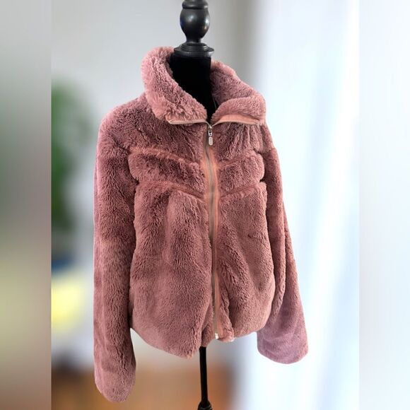 Anthropologie Faux Fur Jacket Teddy Bomber Chevron Detail Size L - Picture 15 of 16